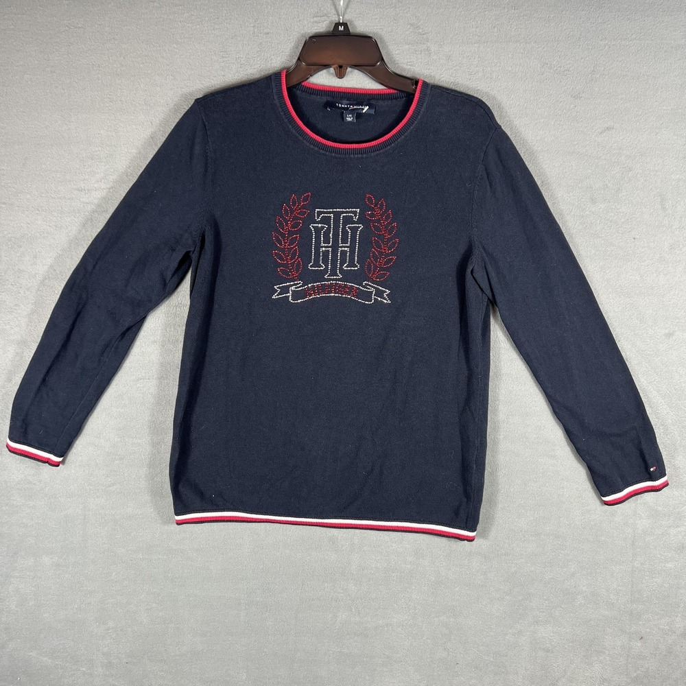 Tommy‎ Hilfiger Women's Large L/G Navy Blue Cotton Rhinestone Logo Pullover